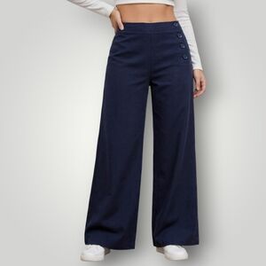 Ann Taylor High Rise Wide Leg Sailor Button Trouser Pants 14 Navy Nautical New